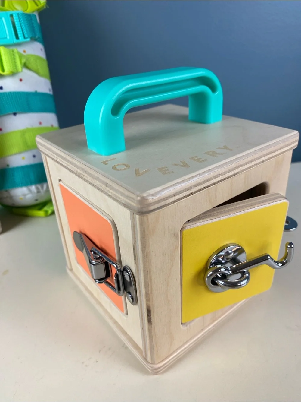 Lovevery toy Lot Buckle Barrel, Lockbox & Subitizing Dominoes, Baby Math Book